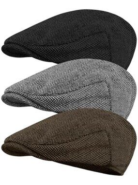 3 Pack Men's Herringbone Tweed Newsboy Cap Cotton Polyester Cabbie Hat